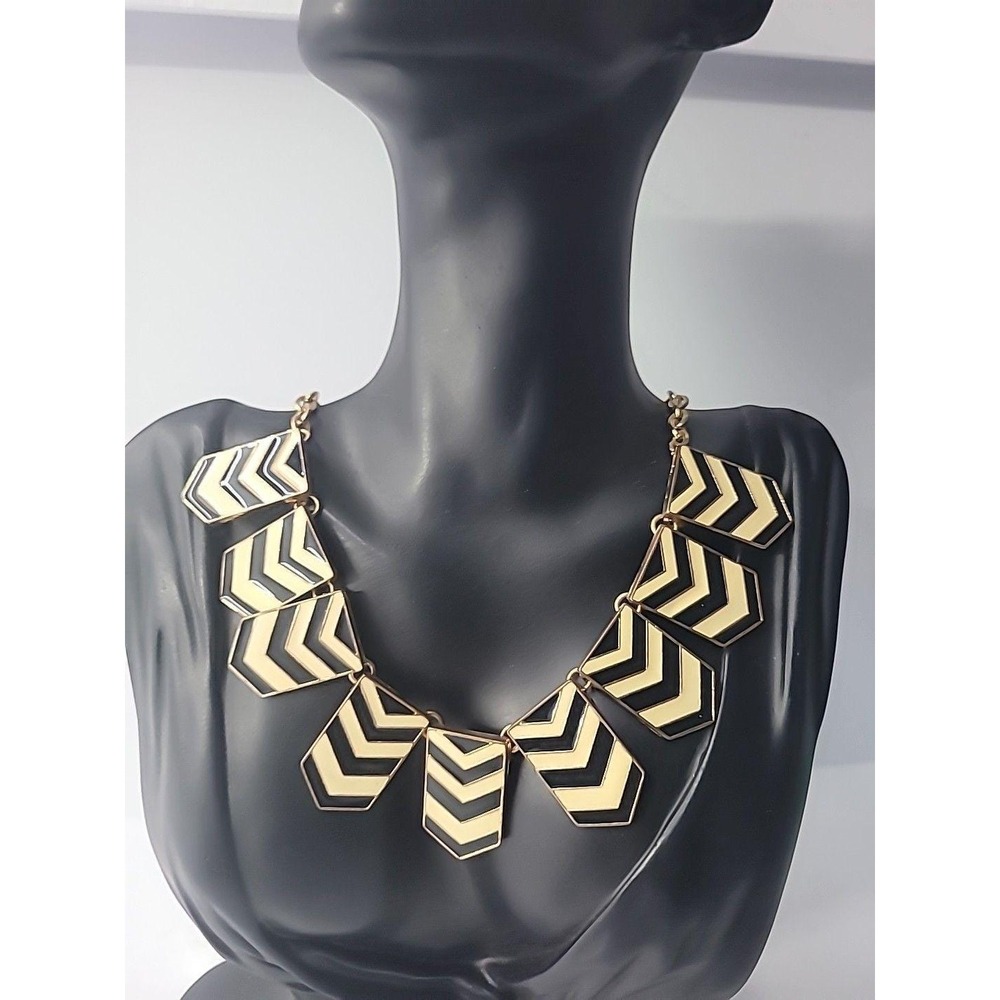 Vintage Top it Off Gold Tone Chevron Statement Necklace Black Cream Enamel‎